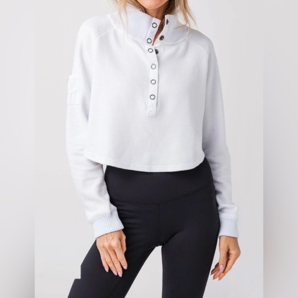 Free People White Cropped Mock Neck Snap-Front Sweatshirt